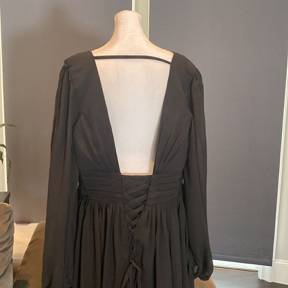 Women’s Black Full Length Chiffon V-Neck Corset Back Dress Leg Split Size 12 - Picture 6 of 14